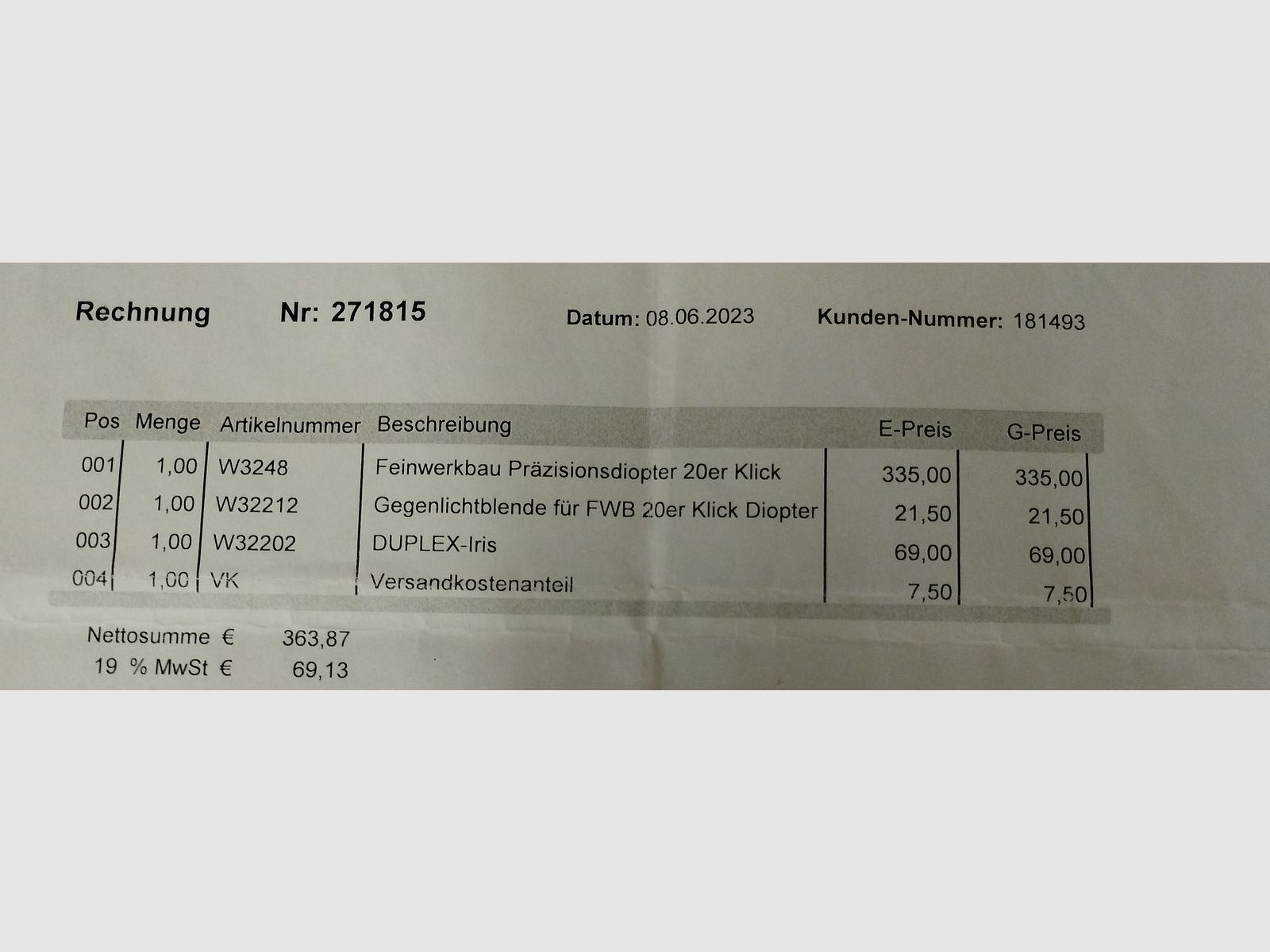 Dioptre de précision Feinwerkbau 4981 pivotant 20 clics