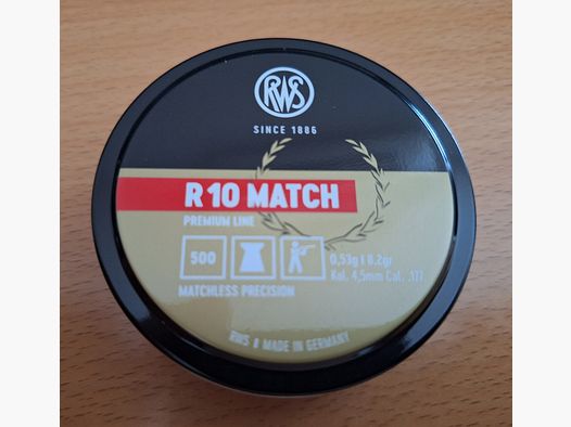 7 Stück Versiegelte Dosen a. 500 Stück RWS R 10 MATCH Premium Line 0,53 g 8,2gr Ø 4,50  Charge Nummer: 94314.