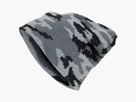 Strickmütze, "Beanie", Tarn (Schwarz-Weiß-Grau), fein gestrickt