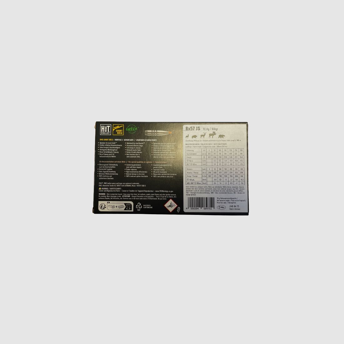 RWS 8x57 JS HIT Carabina corta 10,4 g 160 gr