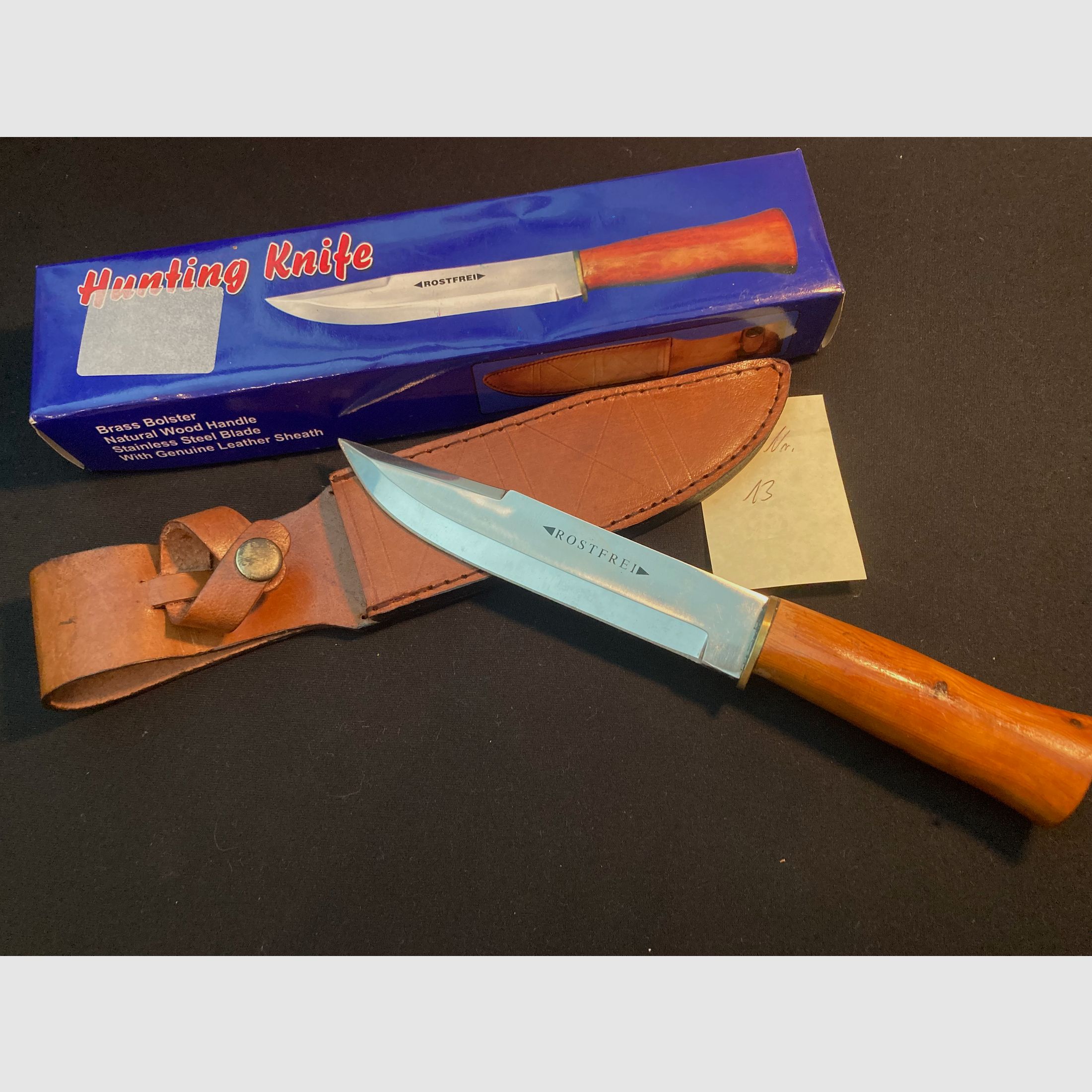 Jagdmesser, Grütemesser mit Lederscheide, ca. 15cm Klingenlänge, 26,5cm Gesamt, Holzgriff, Neu + OVP
