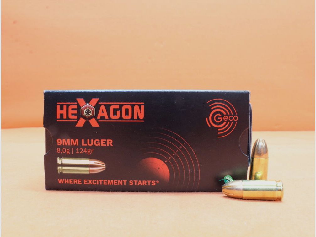 GECO Patrone 9mmLuger GECO 124grs HEXAGON (2318840) VE 50 Patronen (SuperClean-Schadstoffarm)/ 8,0g Hohlspitz-Scheibengeschoß