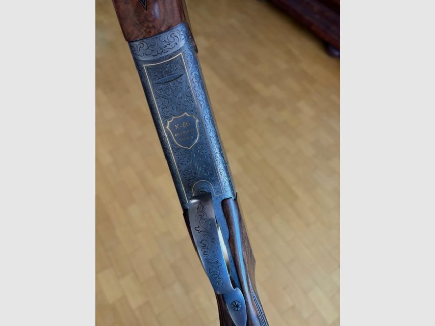 Krieghoff K80 Sporting Custom Shop ręcznie grawerowane, bez lasera, złote inkrustacje, stan idealny, kaliber 12/76