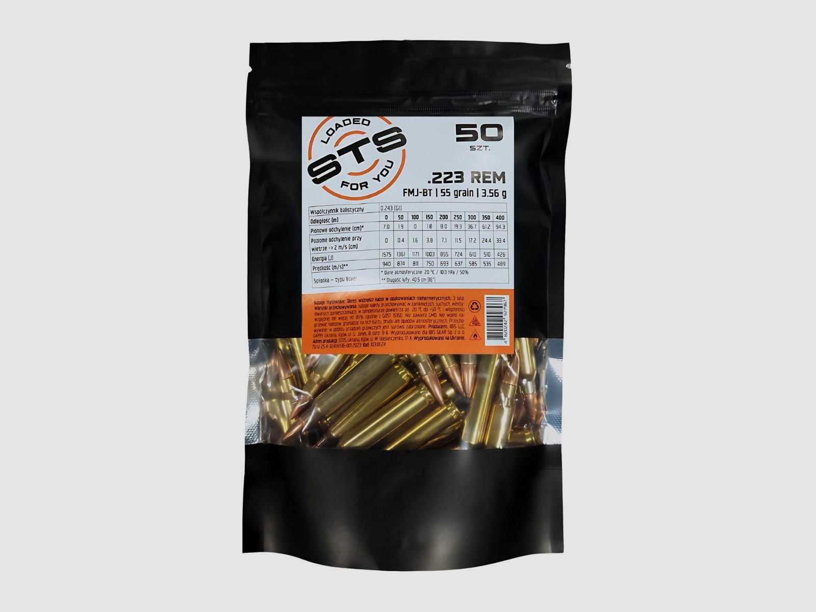 Munition des ukrainischen Herstellers STS mit .223Rem 55gr FMJ-BT-Geschossen von HORNADY. Verpackt zu 50 Stück.