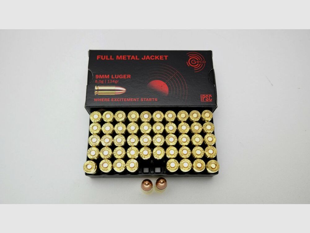 Geco 124g. pełnopłaszczowy okrągły łeb VM Tombak 8,0 gram HU produkcja DOSTĘPNY OD RĘKI - 9mm Para 9mm Luger