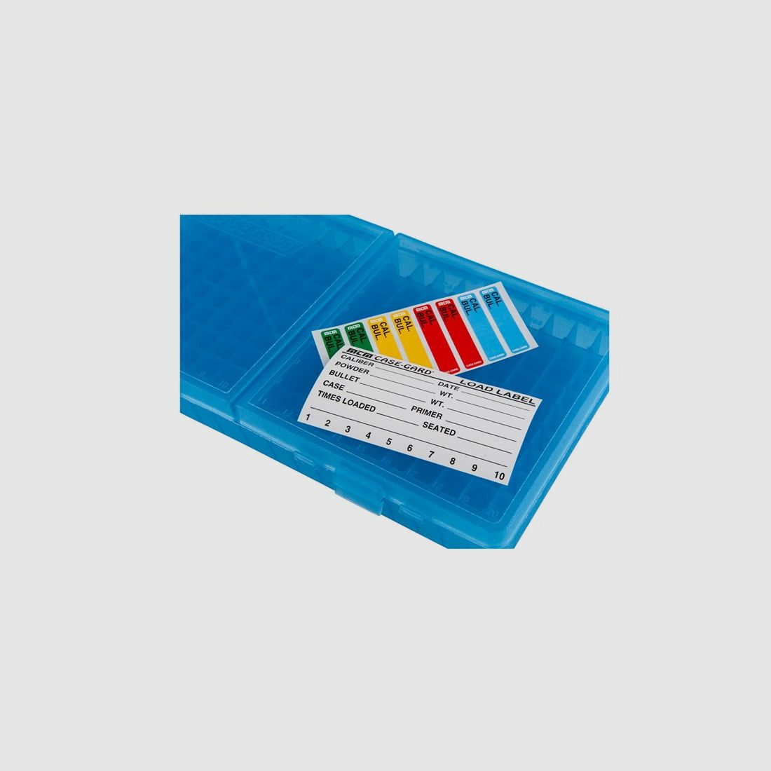 MTM scatola per cartucce P-200-45-24 blu trasparente con coperchio a ribalta per 200 cartucce .45 ACP e altre.