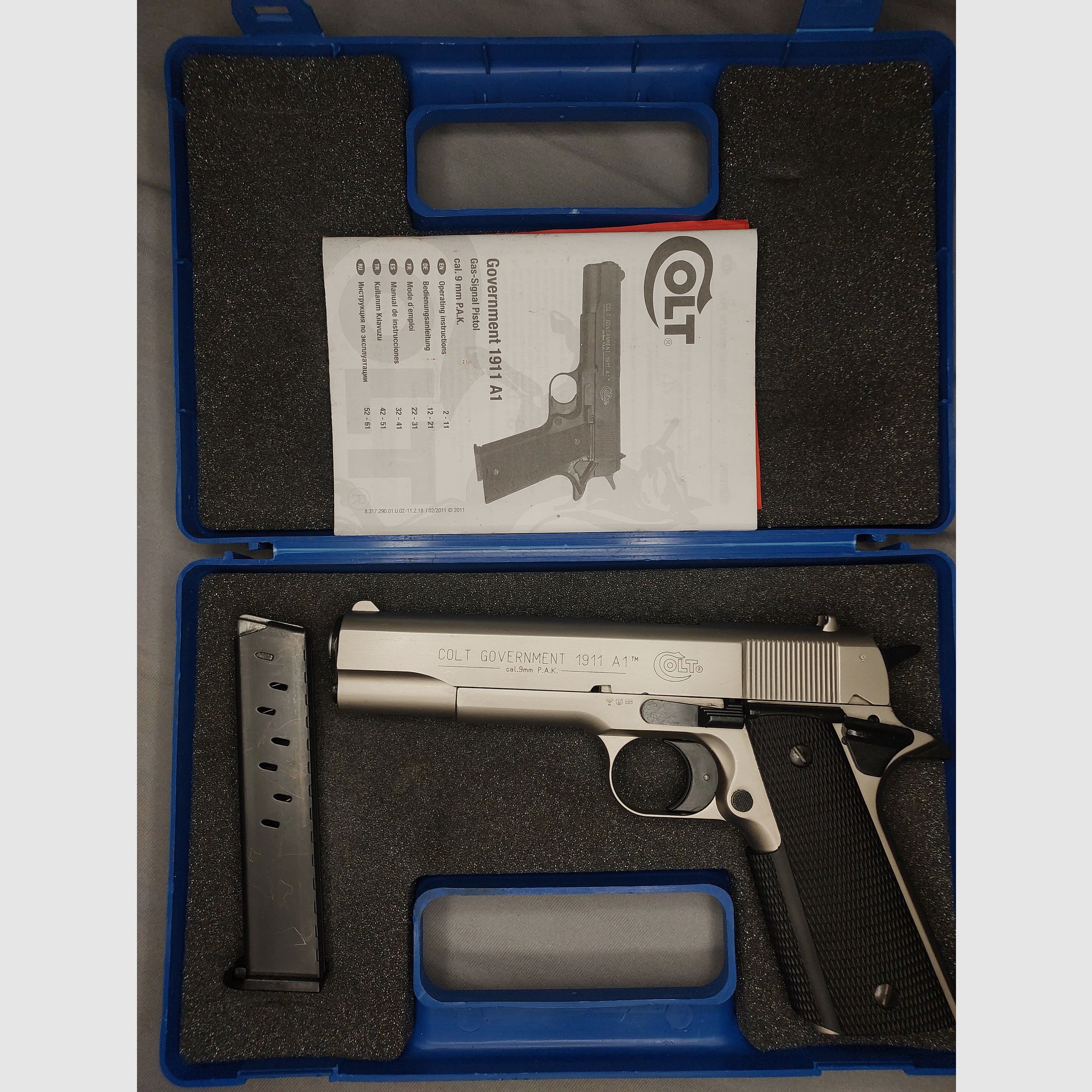Colt Government 1911 A1 Schreckschuss Pistole 9mm P.A.K. Nickel (PTB 774) Holzgriffe