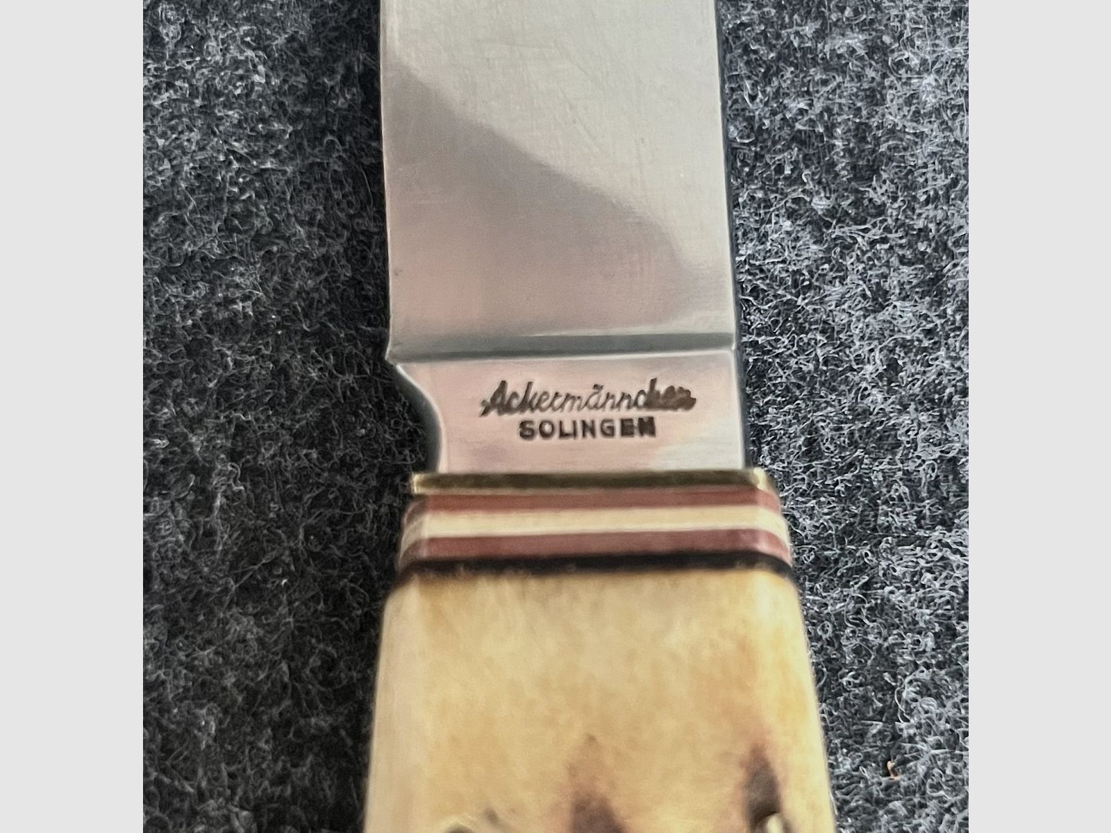 Solingen hunting knife "Ackermännchen" – Real horn handle with fine deer carving & leather sheath