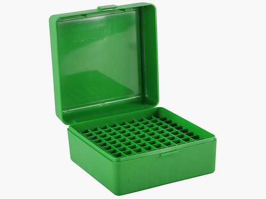 Boîte à cartouches MTM RM-100-10 verte avec couvercle rabattable pour 100 cartouches .308 et autres.