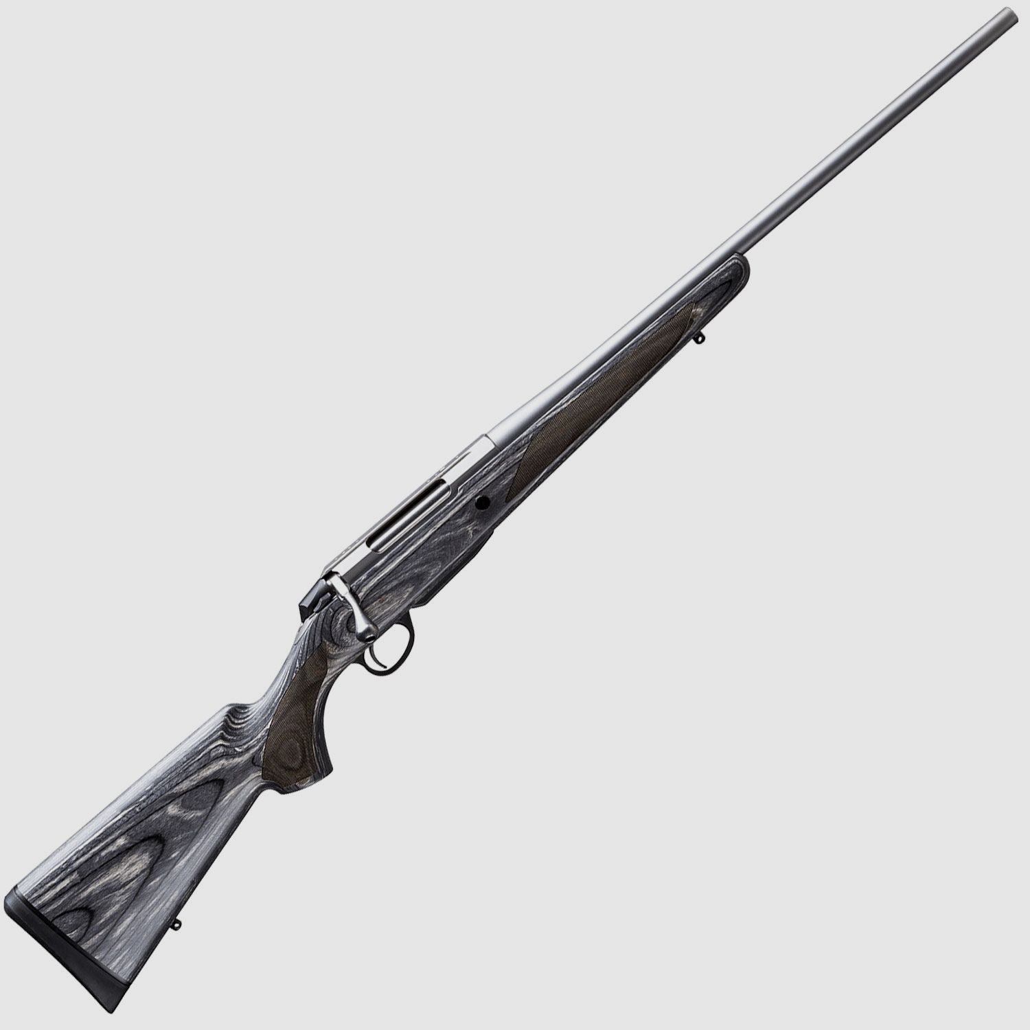 Model Tikka T3x Laminated Stainless to szary, odporny na warunki atmosferyczne łoże o czystej linii dla myśliwych, którzy kochają przygodę.