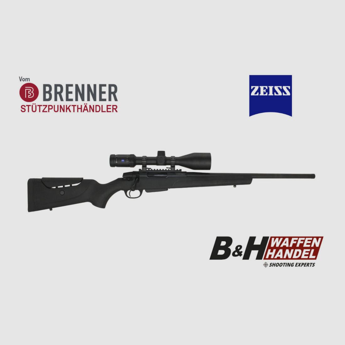 Pakiet kompletny Brenner: BR 20 Polimeryzowany uchwyt z Zeiss V6 2.5-15x56 gotowy do montażu karabinu myśliwskiego z powtarzalnym mechanizmem