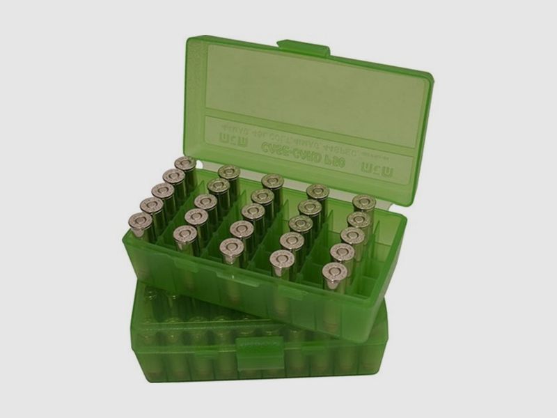 MTM CASE-GARD BOXES MTM CASE-GARD FLIP TOP PISTOL AMMO BOX 9MM-380 ACP 50 ROUND TRNSLSNT GREEN