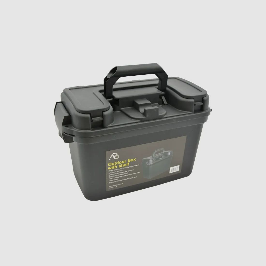 Box / Skrzynka na amunicję z dnem wewnętrznym - 38 x 19 x 24 cm, czarna - wodoodporna + zamykana, odporna na uderzenia plastik