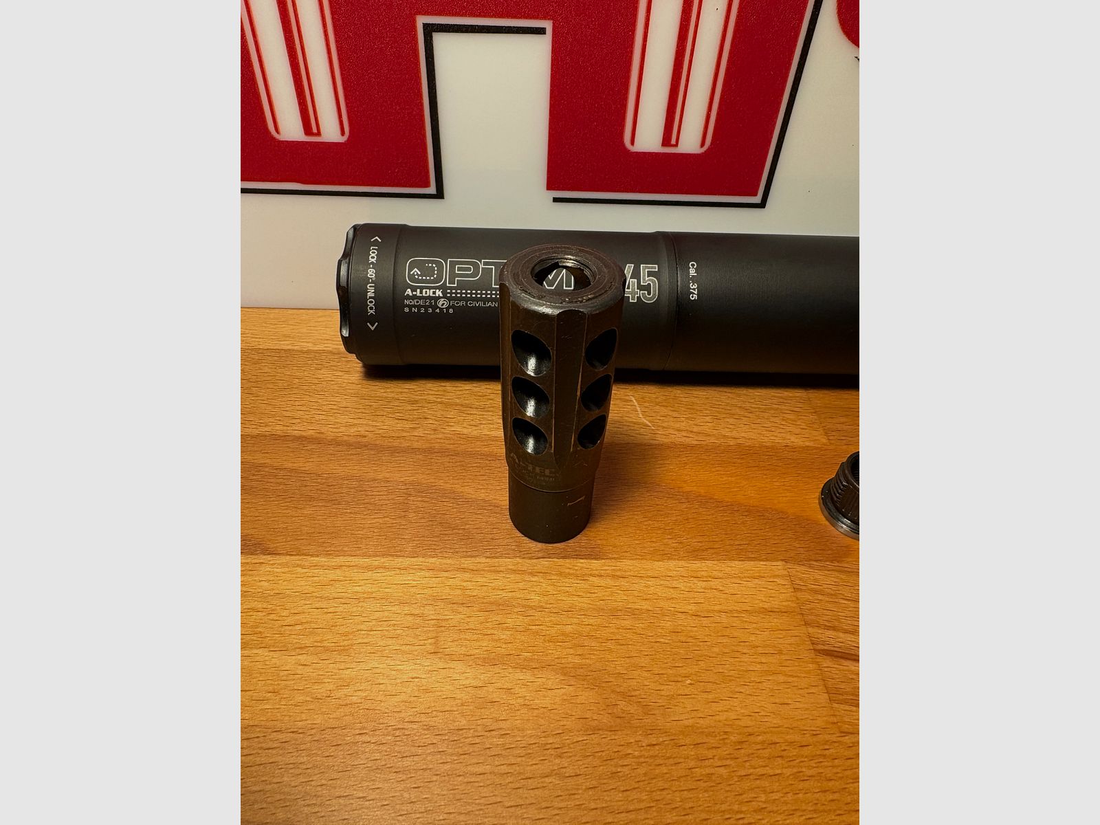 Schalldämpfer A-Tec Optima 45 OB .375 cal. mit A-lock Set Mündungsbremse und 2 Adapter!