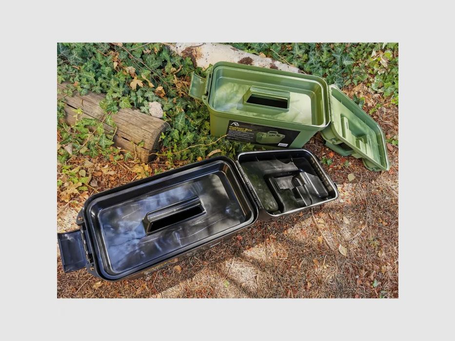 Box / Skrzynka amunicyjna z dnem wewnętrznym - 38 x 19 x 24 cm, oliwkowa - wodoodporna + zamykana, odporna na uderzenia plastik