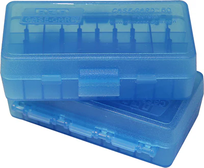 MTM scatola per cartucce P50-45-24 blu trasparente con coperchio a ribalta per 50 cartucce .45 ACP e altre.