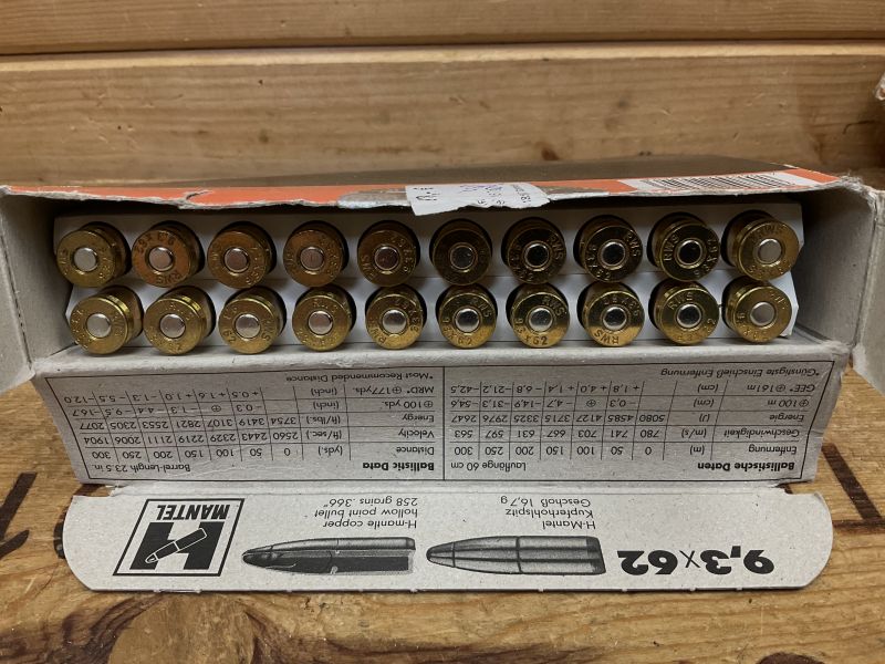 Munition 20 Patronen von RWS H-Mantel Kupferholspitz 16,7g, Kal.9,3x62