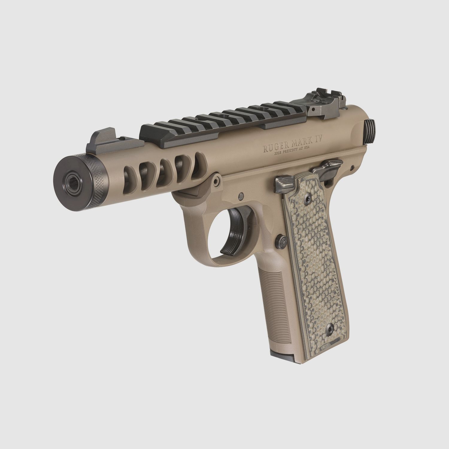 Ruger Mark IV 22/45 Lite .22 LR, 4,40" 1/2"x28, Picatinny, hausse réglable, FDE Cerakote