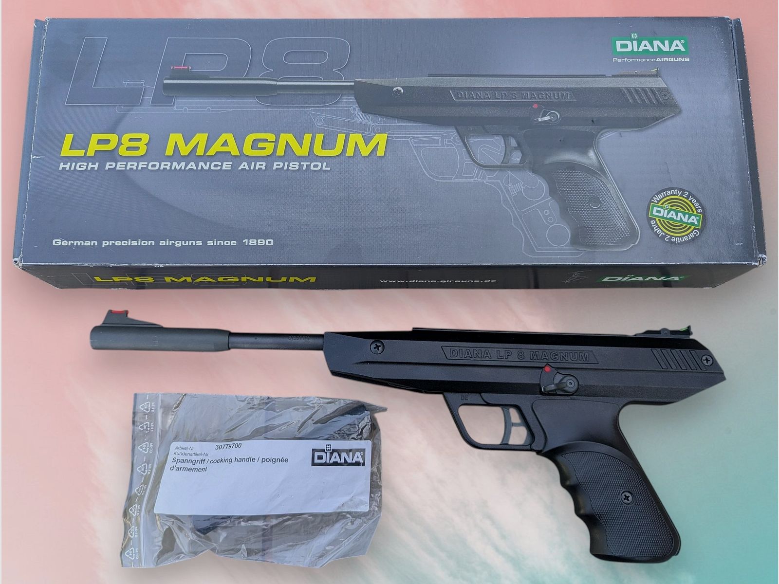 Pistola de aire comprimido de cañón basculante Diana LP8 Magnum 4,5mm Diabolo con ayuda de armado en embalaje original, estado excelente