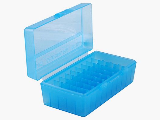 MTM cartridge box P50-44-24 blue clear with flip lid for 50 cartridges .44 Mag./.357 and others.