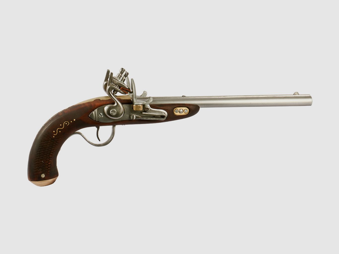 EinzelstĂĽck handgefertigte Deko Steinschloss Vorderladerpistole doppellĂ¤ufig LĂ¤nge 46 cm