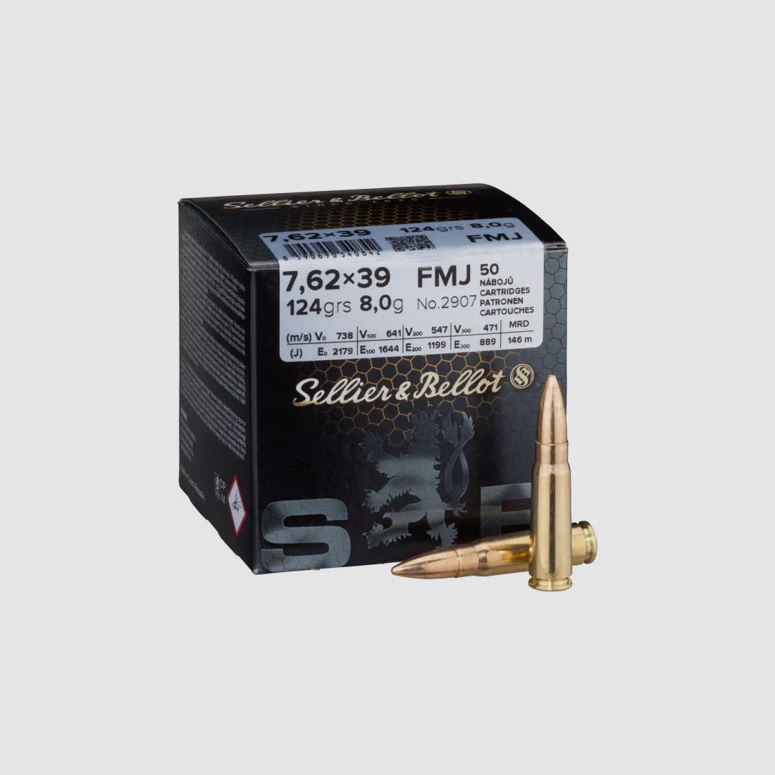 SELLIER & BELLOT RIFLE CARTRIDGES 7.62x39 FMJ - 123 GRS. - 50 ROUNDS BRASS