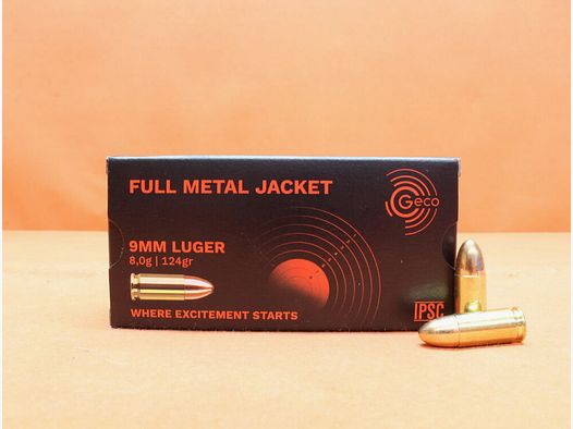 GECO nabój 9mm Luger GECO 124grs FMJ (2318629) 20x VE 50 nabojów = 1000 nabojów/ 8,0g pełnopłaszczowy (9mm Para/9x19)