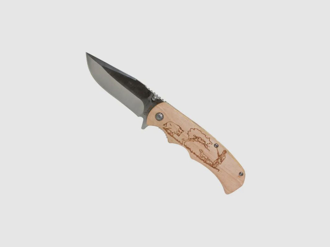 Taschenmesser Klinge Edelstahl 8,8cm Griff Holz graviert Jagd, Bild 1 von 4