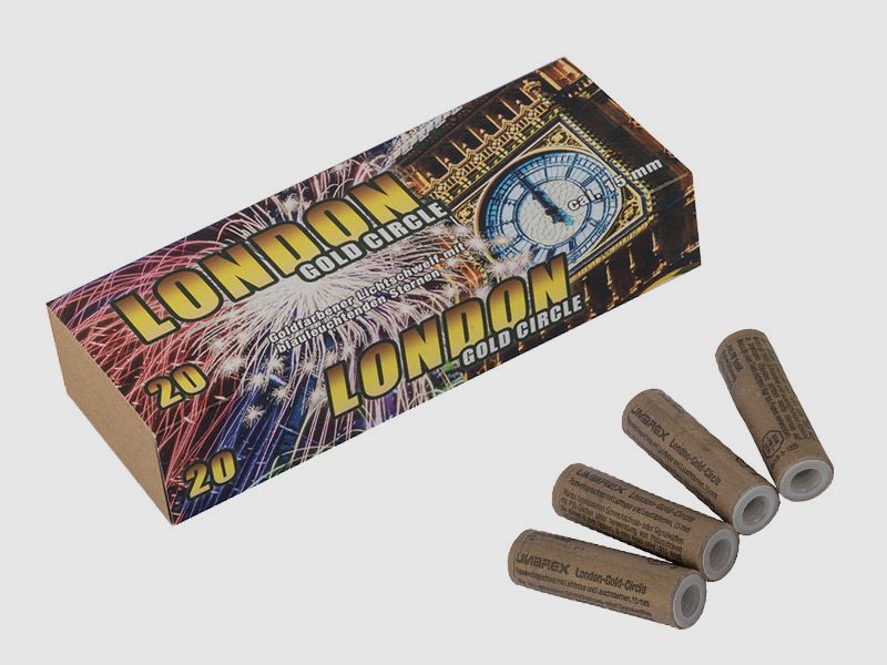 Pyro Umarex London Gold Circle Raketengeschosse zweistufig mit Schweif und Sternen 20 StĂĽck (P18)