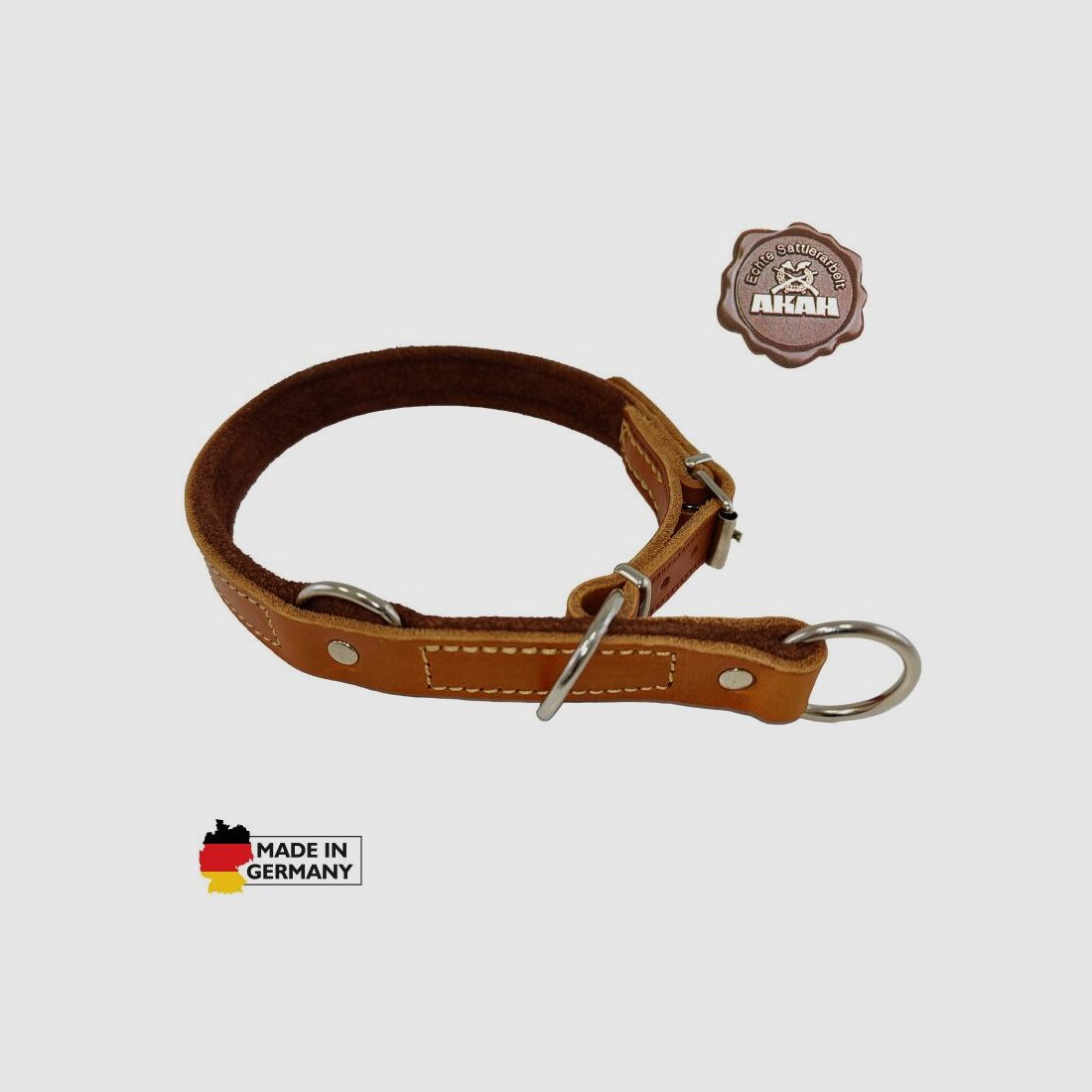 AKAH Würge Halsband mit Begrenzung mit Yakleder unterlegt