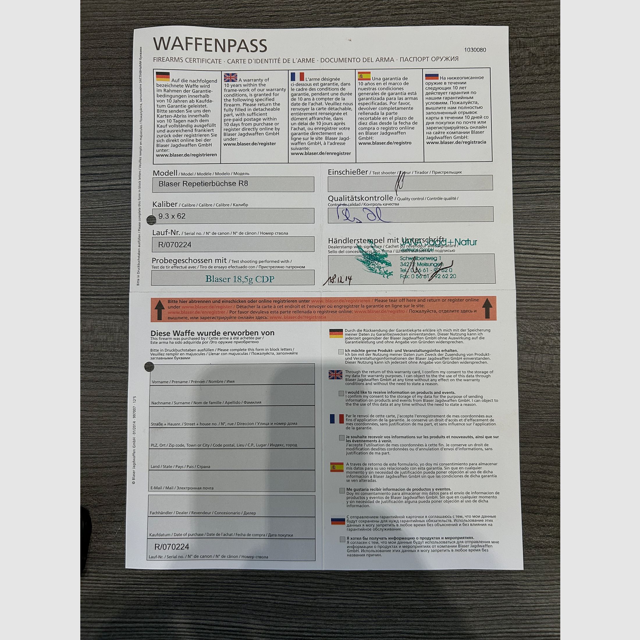 Wechsellauf Blaser R8 in 9,3x62