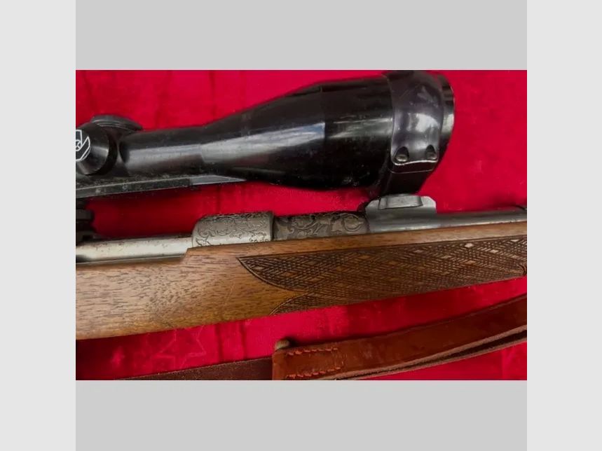 Mauser Modell 98 Kal. 300 WinMag z bardzo ładnymi srebrnymi wstawkami i głębokimi grawerunkami