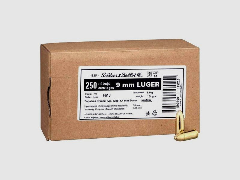 2000 Schuss - 9mm Luger 8,0g/124gr - Sellier&Bellot Schüttpackungen (8x250 Schuss)