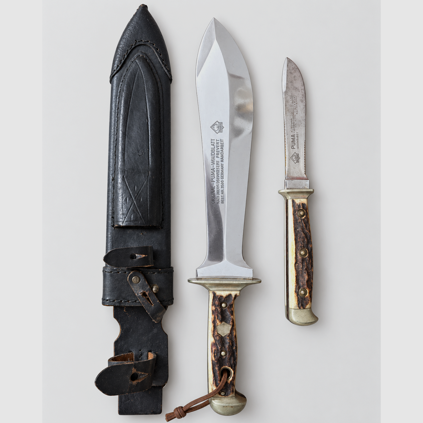 Original PUMA Waidbesteck nach Frevert 3588/3587 – Waidblatt + Jagdnicker + Lederscheide, Bild 2 von 4