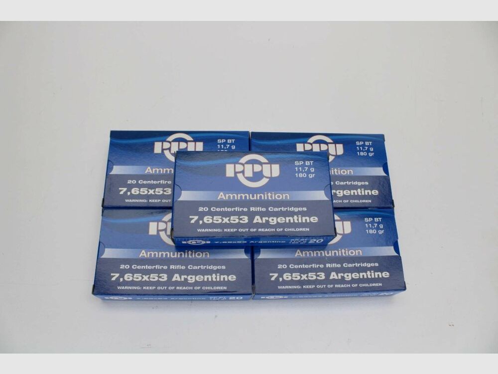100 Schuß PPU 7,65x53 Argentine mit SP BT 11,7g / 180gr. Teilmantel 5x20er