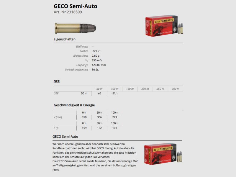 GECO KK-Munition .22lr SEMI-AUTO 50 Stk SONDERPREIS ab 0,10/Stk