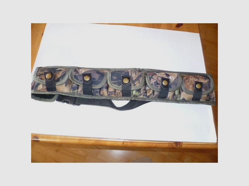 Patronengürtel für Schrot + Kugel - tarnfarben - Länge verstellbar - 5 Taschen f. Patronen