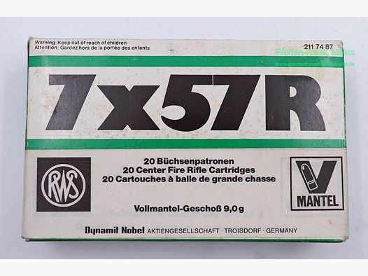 RWS (WZd.Fa.Rottweil) geweerpatronen 7x57R/volledige metalen huls