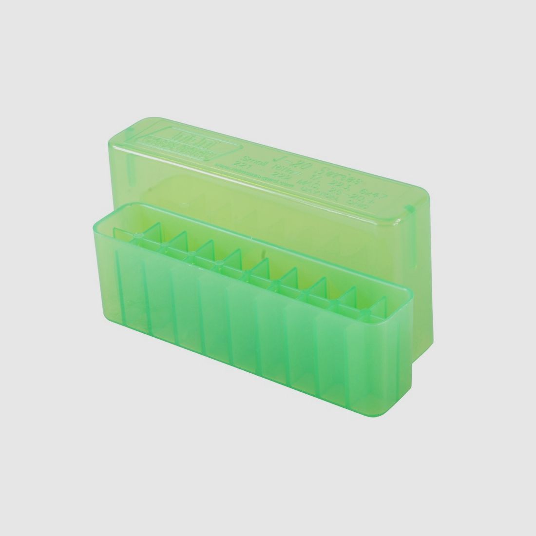 MTM scatola per cartucce J-20-XS-16 verde trasparente con coperchio per 20 cartucce .17 e inferiori.