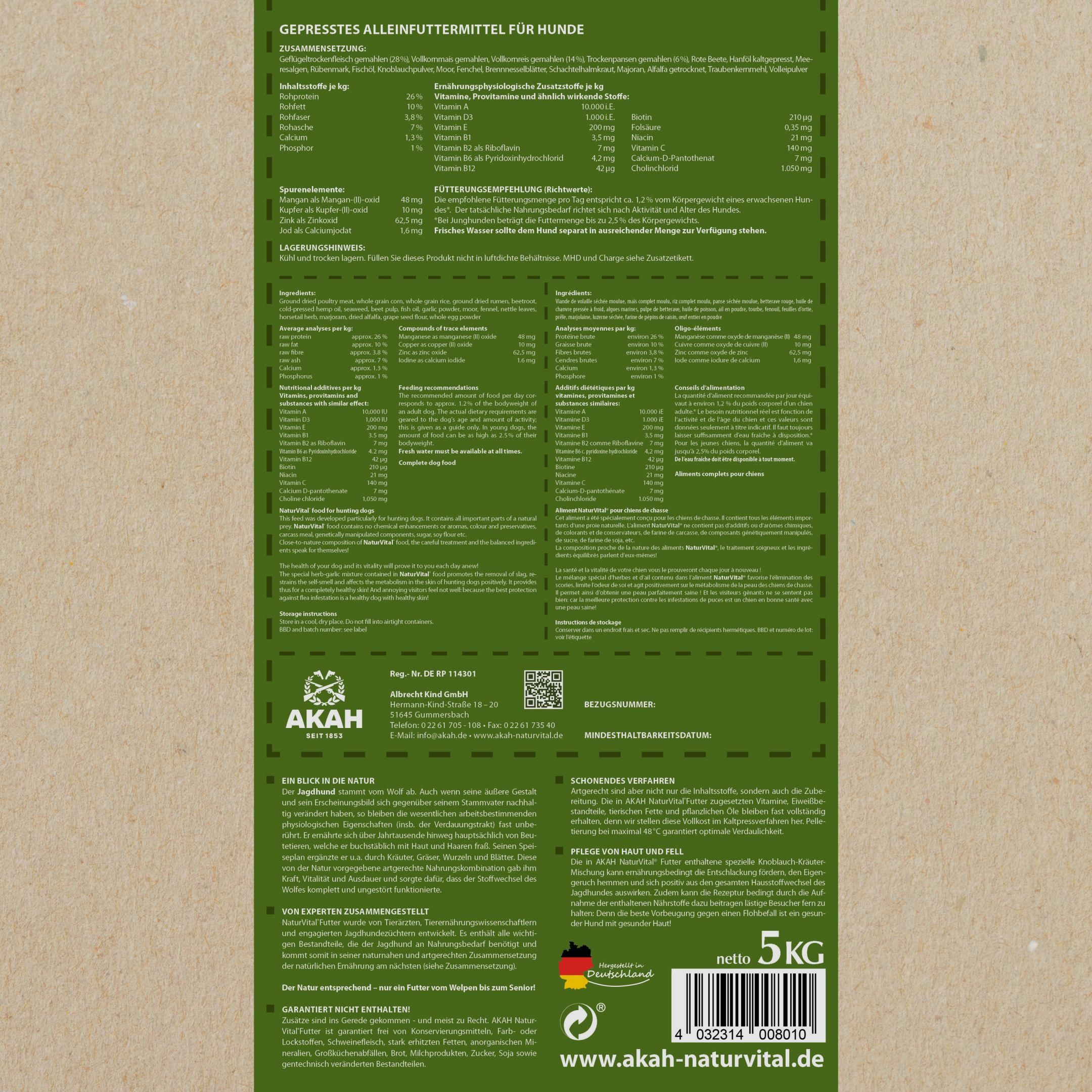 AKAH NaturVital® PREMIUM kaltgepresstes Hundefutter für Jagdhunde – 5 kg