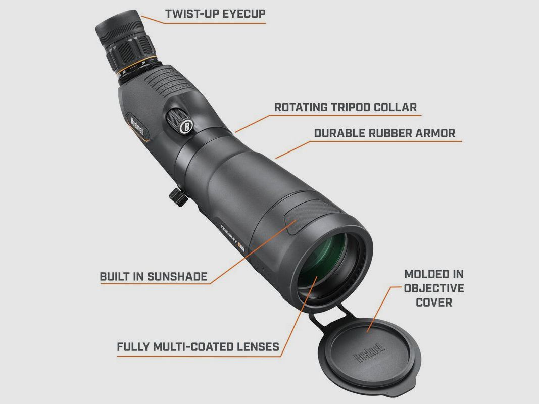 Bushnell Spotting Scope Trophy Xtreme 20-60x65mm with angled view, black, Porro prisms, with case and tripod
