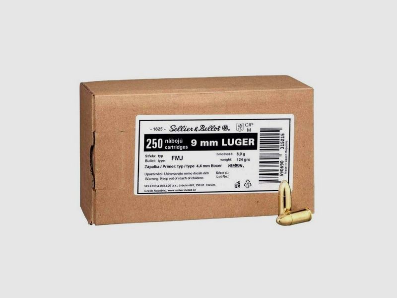 Sellier & Bellot S&amp;B Schüttpackung 9 mm Luger Vollmantel 8,0g/124gr - 1000 Schuss (4 Pakete)