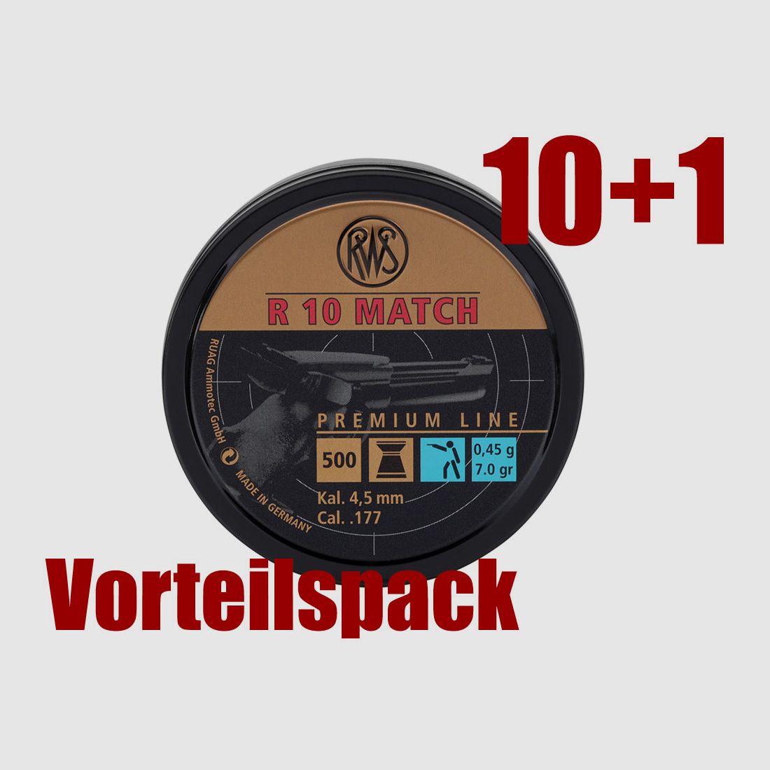 10+1 GRATIS x 500 StĂĽck RWS R 10 Match Diabolo, Flachkopf, fĂĽr Luftpistole, 0,45 g, Kaliber 4,50 mm