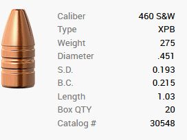 Balas Barnes .460 S&W/.451 275GR XPB Pistol FB 20 piezas