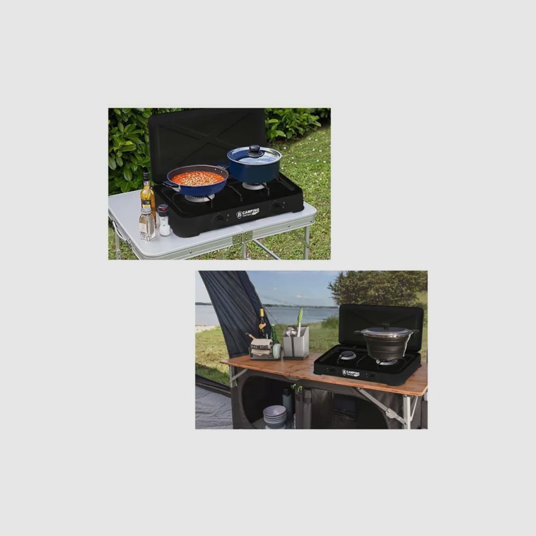 Réchaud à gaz 2 feux (DUO) avec tuyau de raccordement et régulateur de pression