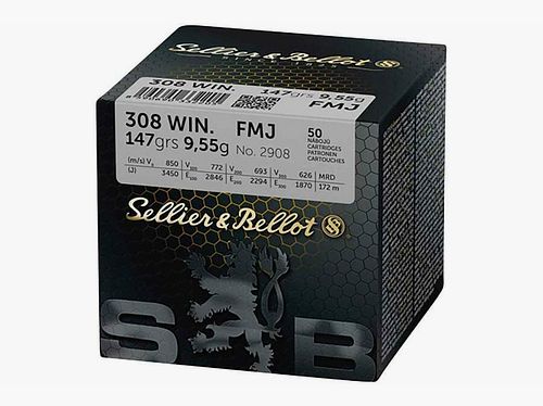 Sellier & Bellot .308 Win. Volmantel 9,5g/147grs. Staffelkorting vanaf 10 verpakkingen voor 44€ per verpakking