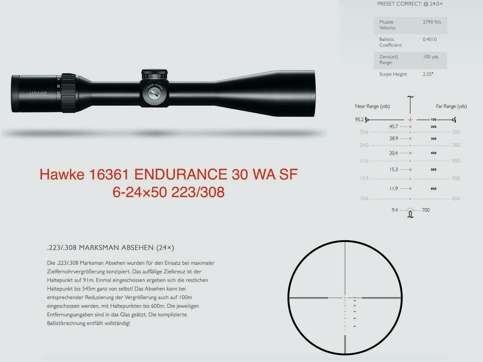 HAWKE 16361 Zielfernrohr ENDURANCE 30 WA SF 6-24x50 223/308 IR