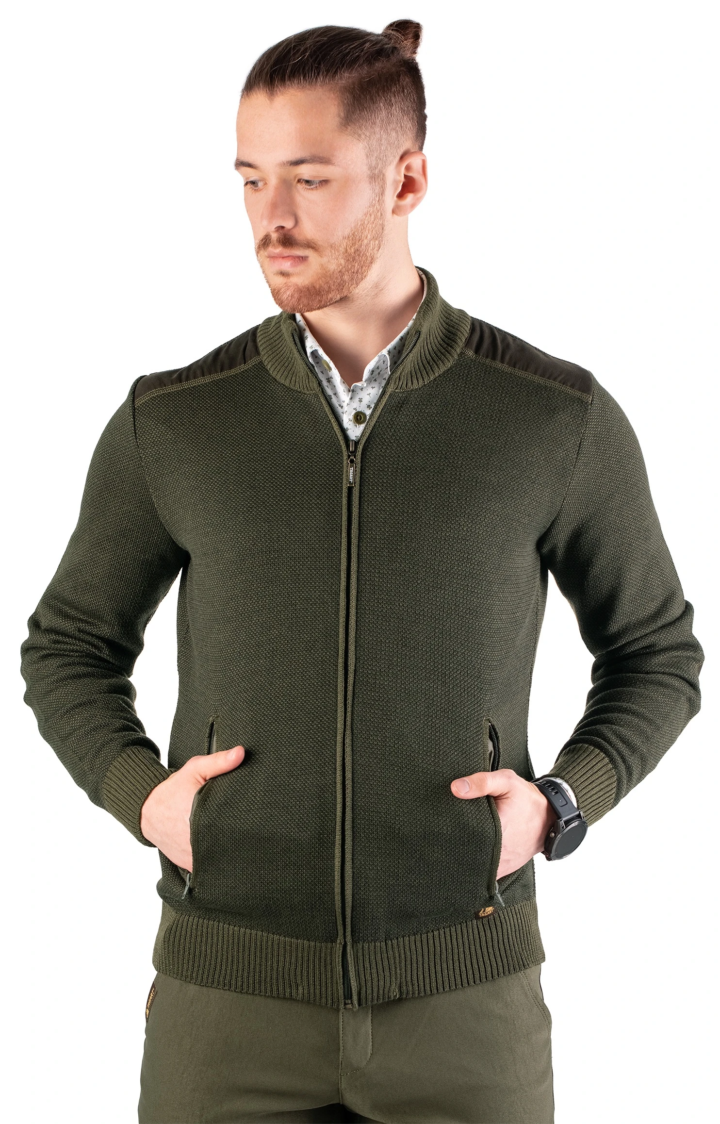 Pull de chasse pour homme Tagart Belfast vert avec bordures, zippé