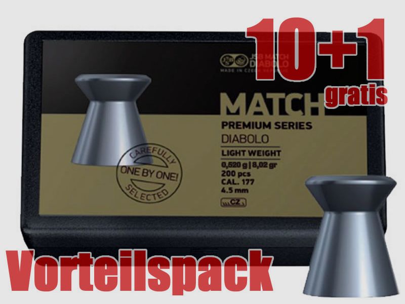 10+1 GRATIS x 200 StĂĽck Flachkopf Diabolo JSB MATCH PREMIUM, Kal. 4,52 mm, 0,520 g