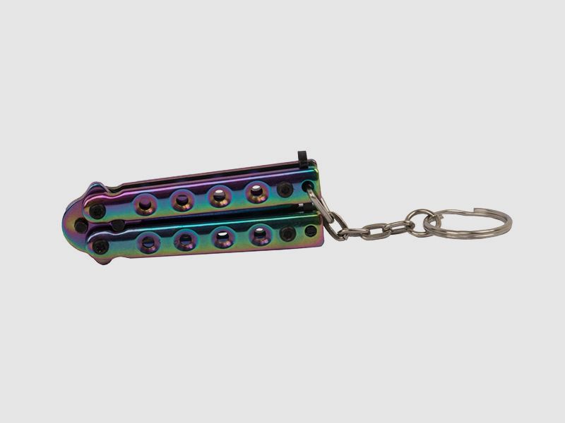 SchlĂĽsselanhĂ¤nger Mini Butterfly Messer Stahl KlingenlĂ¤nge 40 mm rainbow mit SchlĂĽsselring und Kette